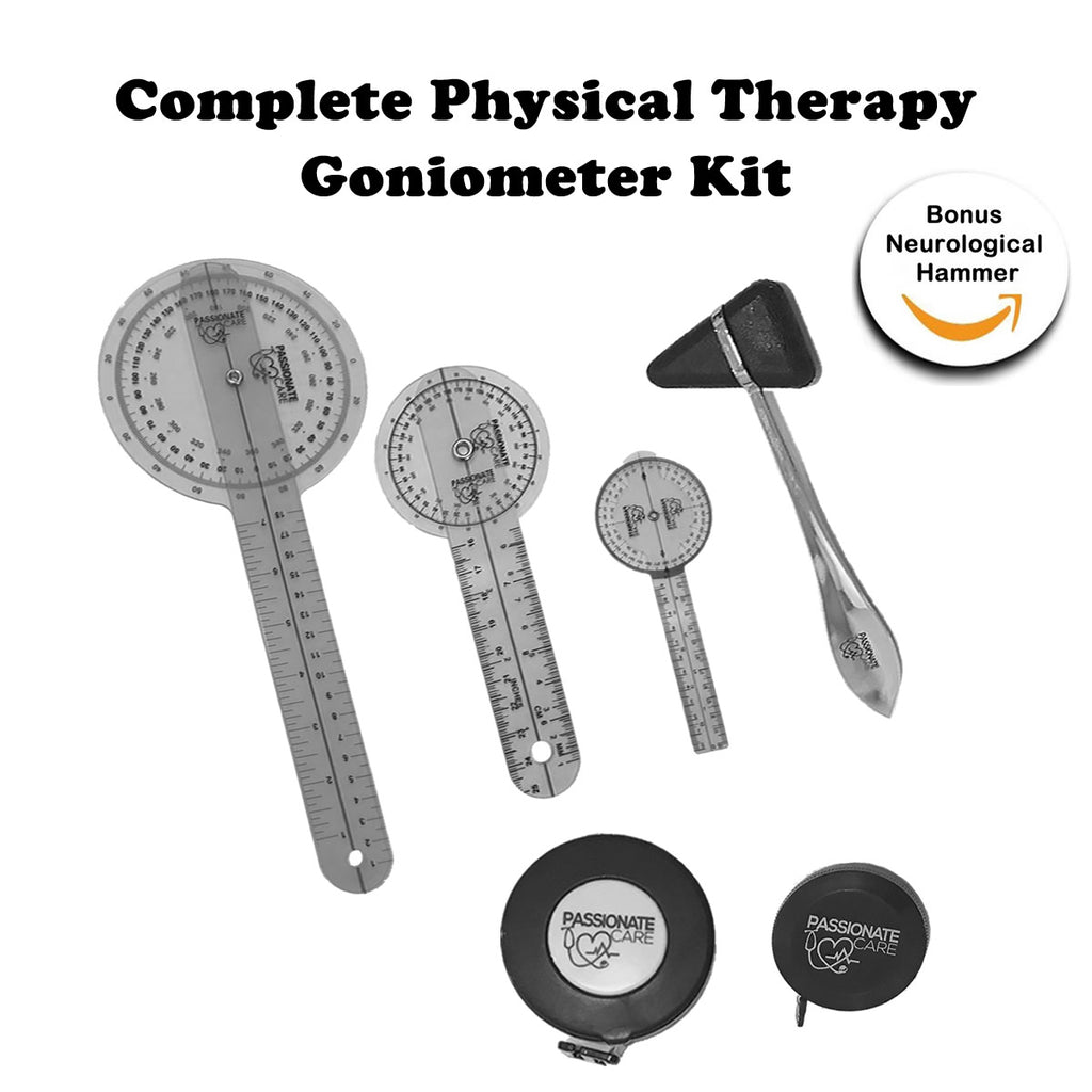 Goniometer Complete Set W/ Bonus Reflex Hammer Including 12 ,8 ,6 Inches Goni's Plus TWO Bonus Measuring Tapes. Phyisical Therapy and Occupational Therapy Tools. Ideal For Clinical or Home Rehab